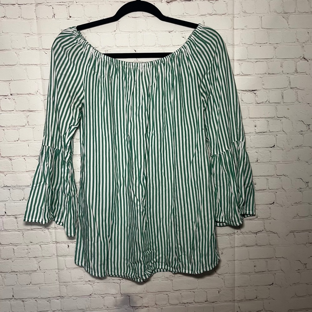 Beachlunchlounge Green White Striped Bell Sleeve Off Shoulder Blouse‎ Small